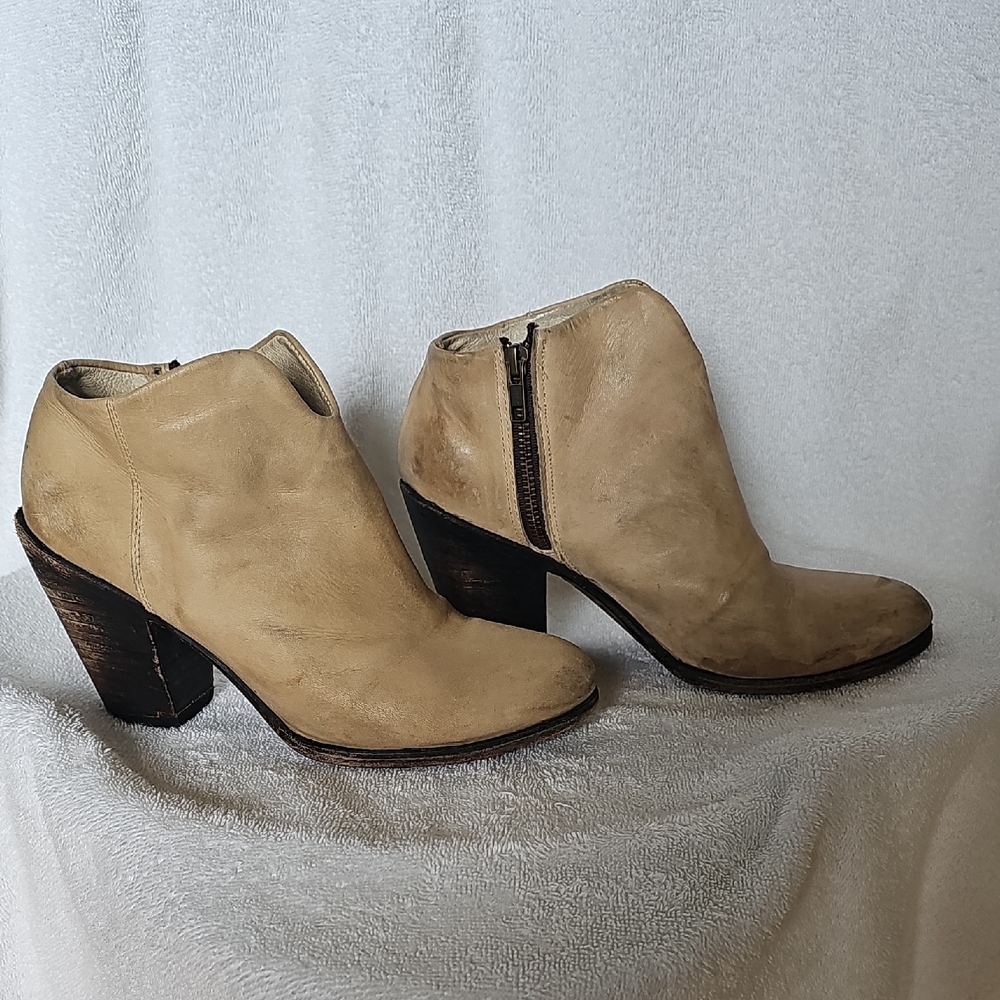 Tan Leather Free Bird Ankle Booties with Stacked Heel